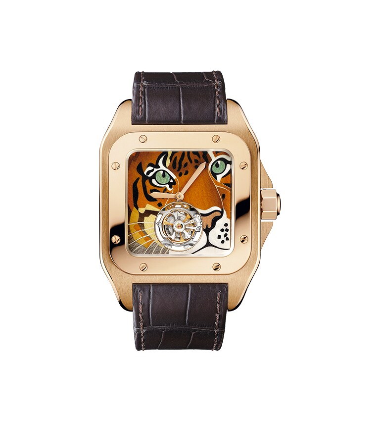 Santos 100 Flying Tourbillon wristwatch with tiger motif